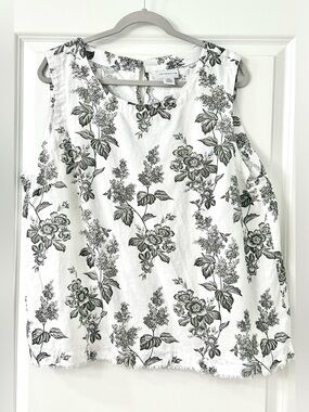 Liz Claiborne Linen White Gray Sleeveless Floral Print Tank XL Fringe Hem